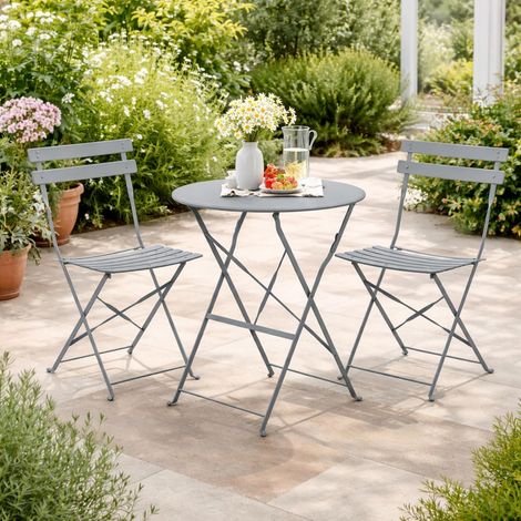 Garden Bistro 3 Piece Outdor Furniture Set Grey Folding Patio Table and ChairsGarden Furniture , Gray Metal Bistro, Round Balcony Table Set, Powder Coated Steel