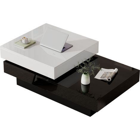 Couchtisch Quadratisch mit 2 Offenen Ebenen und Drehbarer Tischplatte, Hochglanz, für Wohnzimmer, 103 × 60 × 35.5 cm (1/5)