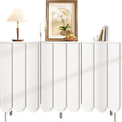 Meuble bas blanc design avec portes ondulées 120x35x80 cm – sans poignée, étagères ajustables – coffre de rangement pour séjour, entrée et salle à manger