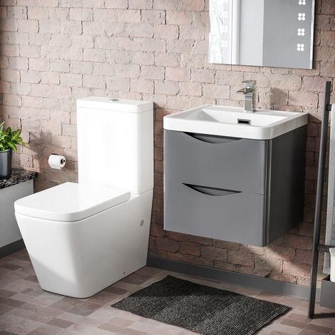 Merton 500mm Wall Hung Vanity Basin Unit & Square Rimless Close Coupled Toilet Steel Grey (1/5)