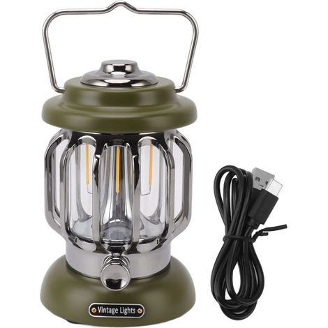 Lampe rétro rechargeable pour camping, lumière chaude vintage, lanterne suspendue de tente, portable pour terrasse et jardin, 5V, vert armée (1/5)
