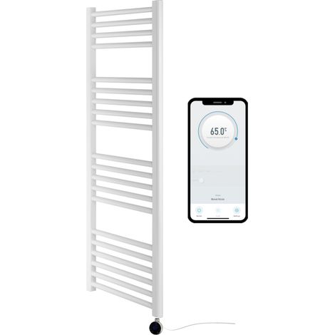 White Electric Smart WiFi Controlled Heated Towel Rail 500mm W x 1200mm H Flat  7 Day Programmable Timer App Compatibility Chrome Element