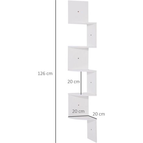 Étagère d'angle Murale de Rangement Forme Zigzag 20L x 20l x 126H cm 5 Niveaux Bois Blanche (1/5)