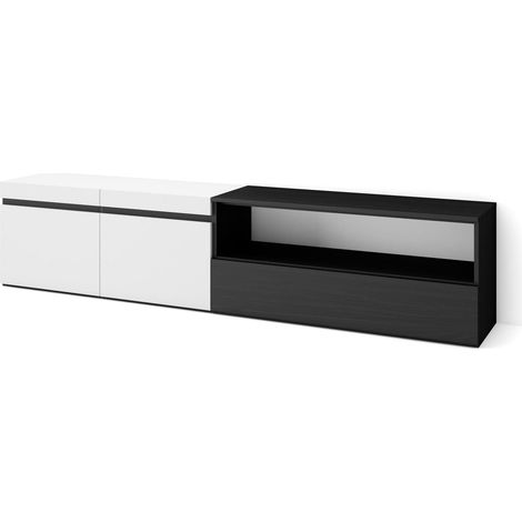 Meuble TV Banc Télé Grand Espace de Rangement 200x45x35cm pour Les TV jusqu'à 80" Meubles de Salon Style Moderne Blanc et Noir (1/5)