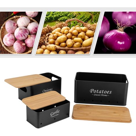 YISSALE-3tlg Kartoffeln Zwiebeln Metall Aufbewahrungsbox Bambus Deckel Container-Sets (1/5)