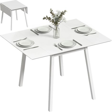 Solid Wood Folding Dining Table, Drop Leaf Table for 2-4 People, Rectangle Kitchen Table for Small Space, White (1/5)