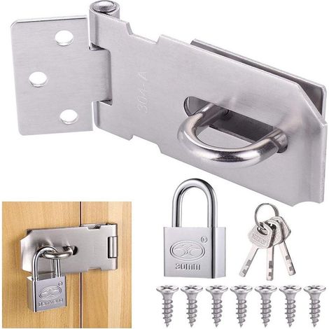 Loquet de porte en acier inoxydable avec cadenas, clé et vis incluses, verrou étanche robuste pour extérieur, fermeture sécurisée avec cadenas lourd, serrure à agrafe pour portail. (1/5)