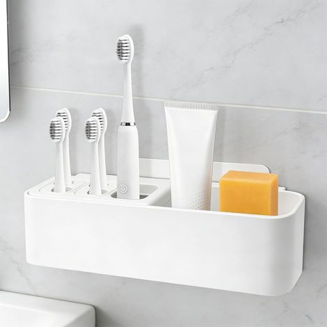 JSSEVN - Wall-Mounted Toothbrush Holder, Self-Adhesive Electric Toothbrush Holder, Multifunctional Toothbrush Storage Rack, No Drilling Required (1/5)