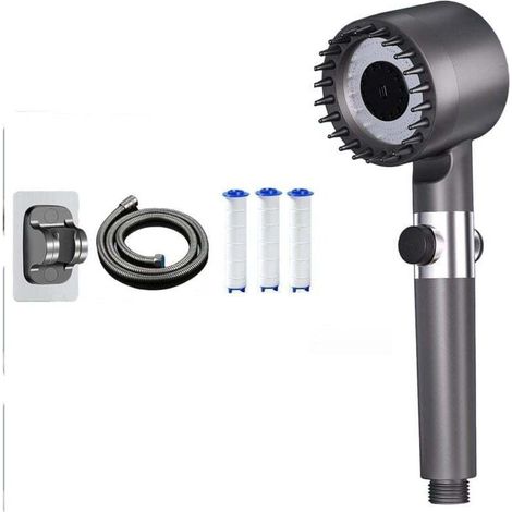 Pommeau de Douche Haute Pression Anti-Calcaire - 4 Types de Jets - Tuyau 1,5m - Support - Bouton Arrêt - Gris (1/4)