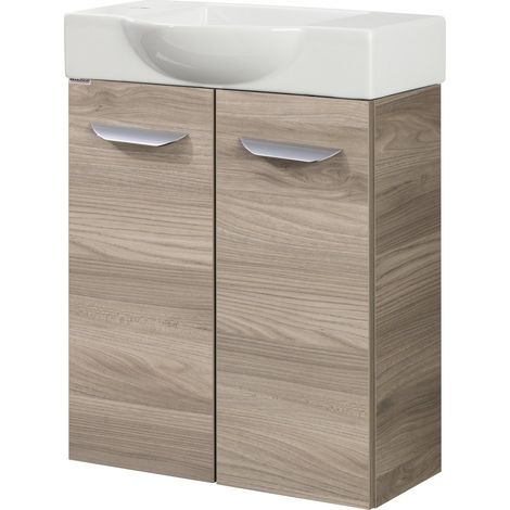 Fackelmann LUXOR SBC Gäste-WC Set 2 Teile – Waschtischunterschrank in Holz Braun mit Waschbecken aus Keramik – Waschbeckenunterschrank schmal – 2 Türen – Hahnloch links – 55 cm breit"-"90078145 (1/4)