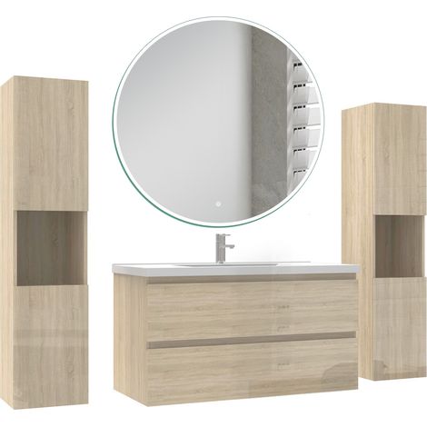 Ocean Ensemble de Meuble salle de bain 99cm + miroir led rond + 2 colonnes 131.5cm, Chêne Haut Brillant