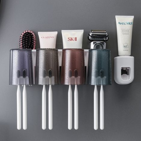 Porte-Brosse à Dents Mural avec Distributeur de Dentifrice, Organisateur de Salle de Bain avec 4 Verres et Compartiments de Rangement, Sans Perçage