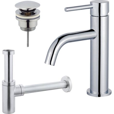 Fortifura Calvi Slim Kit mitigeur lavabo - robinet bas - bonde clic clac - siphon design - Chrome brillant