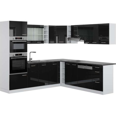 Einbauküche in L-Form R-Line, Schwarz Hochglanz/Weiß, 237 x 247 cm , AP Anthrazit, Vicco