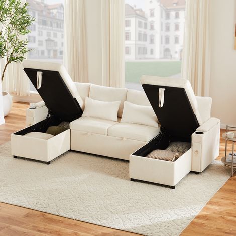 Sofá cama en U 272x131x84 cm beige en chenilla y pana con almacenaje y portavasos (1/5)