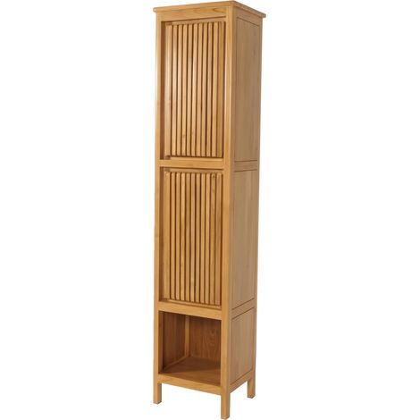 Teak-Hochschrank HHG-494, Badschrank, 2 Türen 5 Fächer, hochwertiges B-Grade-Teak (Kernholz, 20-30 Jahre) 181x41x35cm