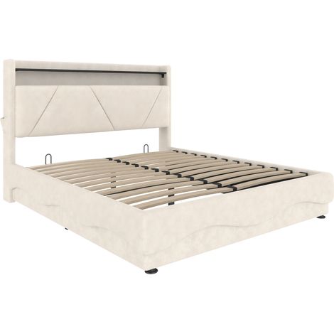 Cama arcón 140 x 200 cm de terciopelo beige con LED, USB-C y almacenaje (1/5)