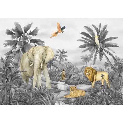 Poster intissé - animaux de la jungle en noir et blanc - lion, éléphant, perroquet - 155 x 110 cm (1/3)