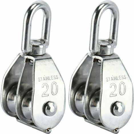 – Satz mit 2 M20-Doppelrollenblöcken – Edelstahl 304 – Maximale Belastung 75 kg – 7 mm Seil – Drehhaken für optimale Zugkraft (1/5)