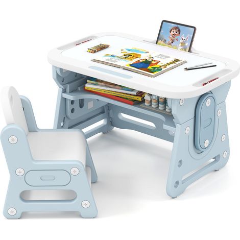 Pour enfants et tout-petits : table d'activités et chaise pour chambre ou maternelle avec plateau inclinable, bleu (1/5)
