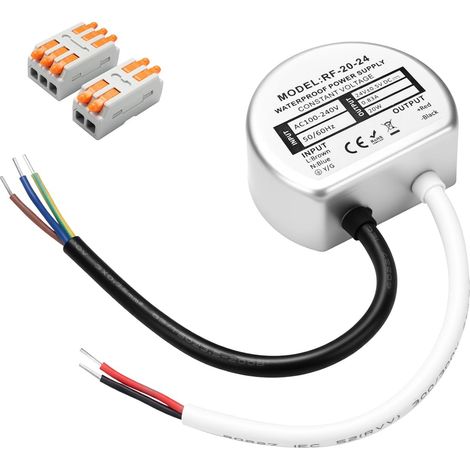 Transformateur LED 24V 20W, IP67 Étanche LED Transfo 0.83A, Rond Ø57mm, Alimentation avec 2 Connecteurs pour Ruban, Spots, Éclairage Extérieu (1/5)