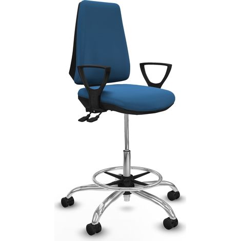Taburete Elche AS similpiel azul claro brazos fijos base cromada ruedas 65mm nailon