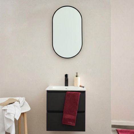Mob-In – Meuble vasque suspendu 45cm – Vasque en céramique blanche avec trop-plein – 2 tiroirs de rangement spacieux – Design moderne pour petits espaces