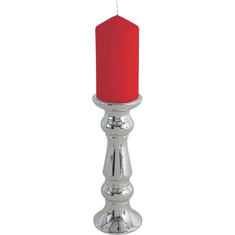 Keramik-Kerzenständer silber Kerzenhalter Tischleuchter Stumpenkerze Dekoration - 26 cm