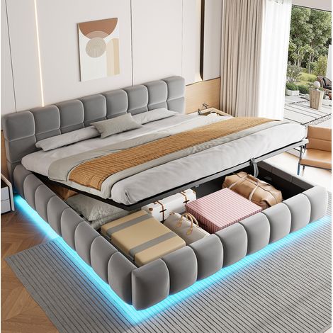 Bett 180x200 cm grau aus Samt mit LED-Beleuchtung und hydraulischem Stauraum (1/5)