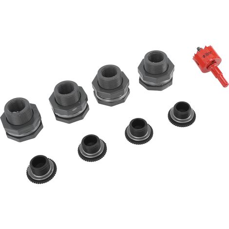 Kit de raccords pour traversée de cuve de récupération d'eau de pluie 3/4 pouce avec bouchons, scie cloche et connecteur PVC pour cuves, réservoirs d'eau, piscines, aquariums et baignoires. (1/5)