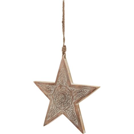 Natural Large Patterned Hanging Star - Wood - L2 x W25 x H25 cm - Brown