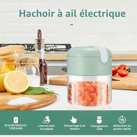 Mini blender électrique, Hachoir à oignon 250 ml Coupe-légumes électrique avec port USB, Mini coupe-légumes portable avec 3 lames pour oignons, ail, piments, légumes (1/3)