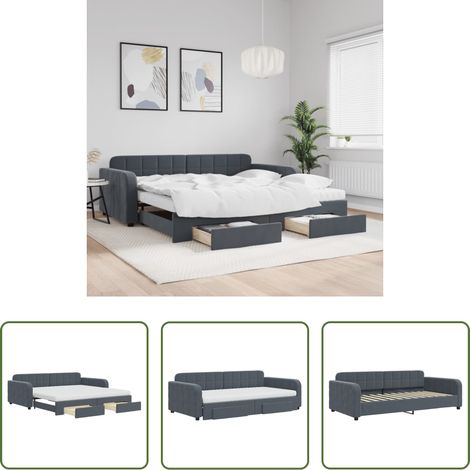 vidaXL Doppelbett - Tagesbett Ausziehbar mit Schubladen Dunkelgrau 100x200 cm Samt (1/5)