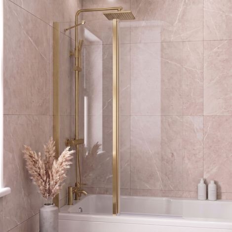 Brushed Brass 2-Panel Folding Over-Bath Shower Screen 1000 x 1400mm – 6mm Clear Toughened Safety Glass, 180° Pivot (1/5)