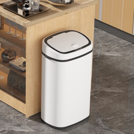 Hobag – Poubelle automatique 58L en acier blanc – Ouverture sans contact avec capteur – Bague anti-glisse pour stabilité – Compatible sacs standards