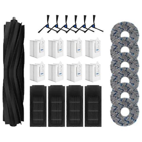 Accessoires pour aspirateur robot Ecovacs Deebot X2 Omni / X2 Pro / X2 : Brosse principale, brosse latérale, filtre HEPA, chiffon de nettoyage et sacs à poussière.