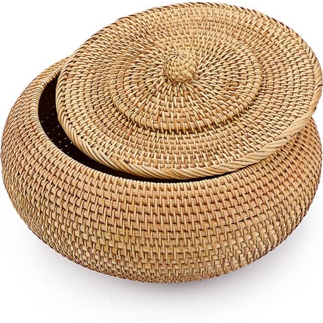 Rattan-Korb mit Deckel, Aufbewahrungskorb, 28 x 16 cm, für Küche/Wohnzimmer (1/5)