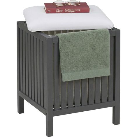 Relaxdays Panier à linge siège noyer, couvercle rembourré, HxLxP 51x38x38 cm, tabouret de bain, gris/blanc