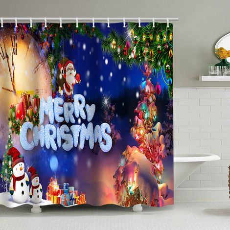 180 x 180 cm großer Duschvorhang mit Weihnachtsmotiv, Weihnachtsmann und Rentier, Badezimmer-Dekorationsset, wasserdichtes Material, inklusive 12 Haken