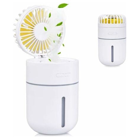 400ml Mini Air Humidifier with Fan, USB Rechargeable Portable Fan Air Conditioner Purifier Super Mute Night Light 2 Cool Mist Modes, 7 LED Colors (White) (1/4)
