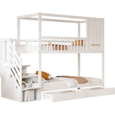 CAIziLit superposé enfant 90x200 cm blanc, maison, tiroirs, échelle, sans matelas (1/5)