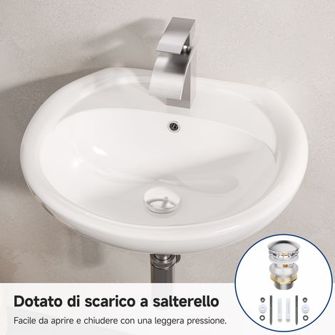 CECIPA MAX Lavabo in ceramica 49 x 43,5 cm – Lavabo sospeso semicircolare bianco con troppopieno – Include piletta click-clack – Finitura lucida, per bagno e bagno degli ospiti (1/5)