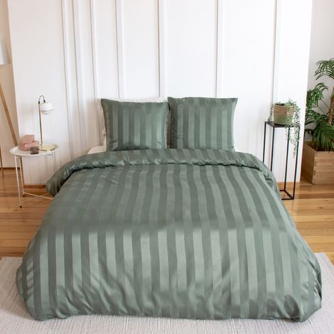 Set biancheria da letto in poliestere effetto satinato a righe sottili 2 posti verde