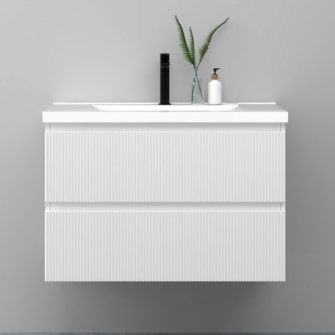 Meuble de salle de bain suspendu Strié 80cm avec simple vasque + 2 tiroirs, Blanc