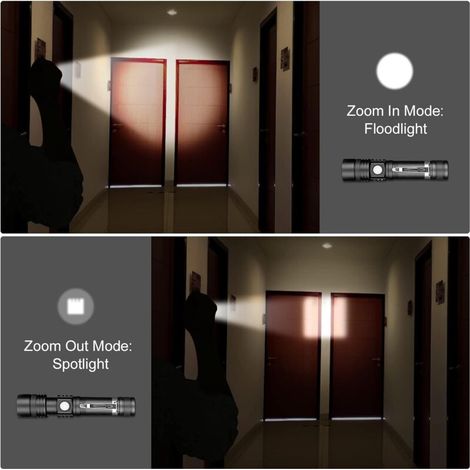 Lampe Torche LED Rechargeable USB, Lampe de Poche Puissante 600LM Etanche Zoomable, 4 Modes Intensité Ajustable pour Ménage, Le Camping, La Randonnée, D'urgence (Batterie Incluse) (1/3)
