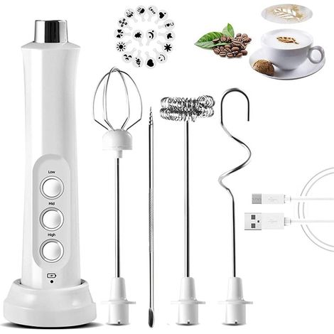 Milk Frother - 3 Speeds - 13500 RPM - USB Rechargeable - for Cappuccino Latte Hot Chocolate - White - 1 Unit (1/5)