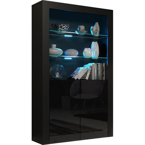 Dusine – Vitrine 90 cm Jive – Portes laquées noires – Lumières LED intégrées – Mélaminé certifié FSC – Dimensions 90x35x170 cm