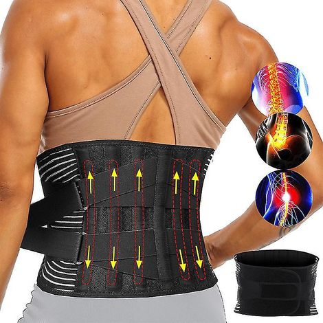 Ceinture de soutien lombaire ajustable avec corset orthopédique à 6 baleines pour homme, décompression de la colonne vertébrale, soulagement des douleurs dorsales - Taille L - Noir
