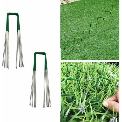 Gazon Insérez L'extérieur Gazon Artificiel Pelouse Universel Jardin Piquets en Forme U Forte Buste Fixation en Acier Galvanisé Moitié Vert avec Fin Biseautée 3.515cm 30Pcs (1/5)