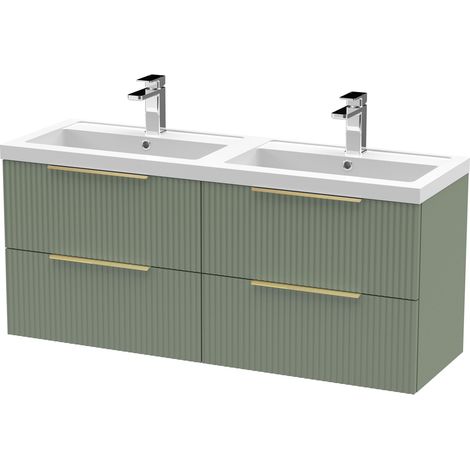 Fluted Front Wall Hung 4-Drawer Bathroom Vanity Unit with Double Basin, 1200mm, Satin Green, Brushed Brass Handles (1/5)